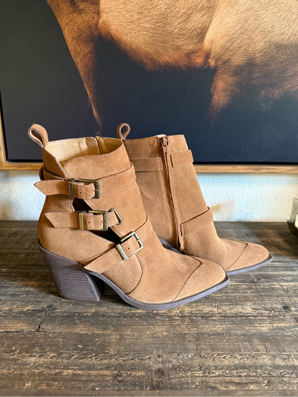 Suede Buckle Ankle Boots in Tan western style